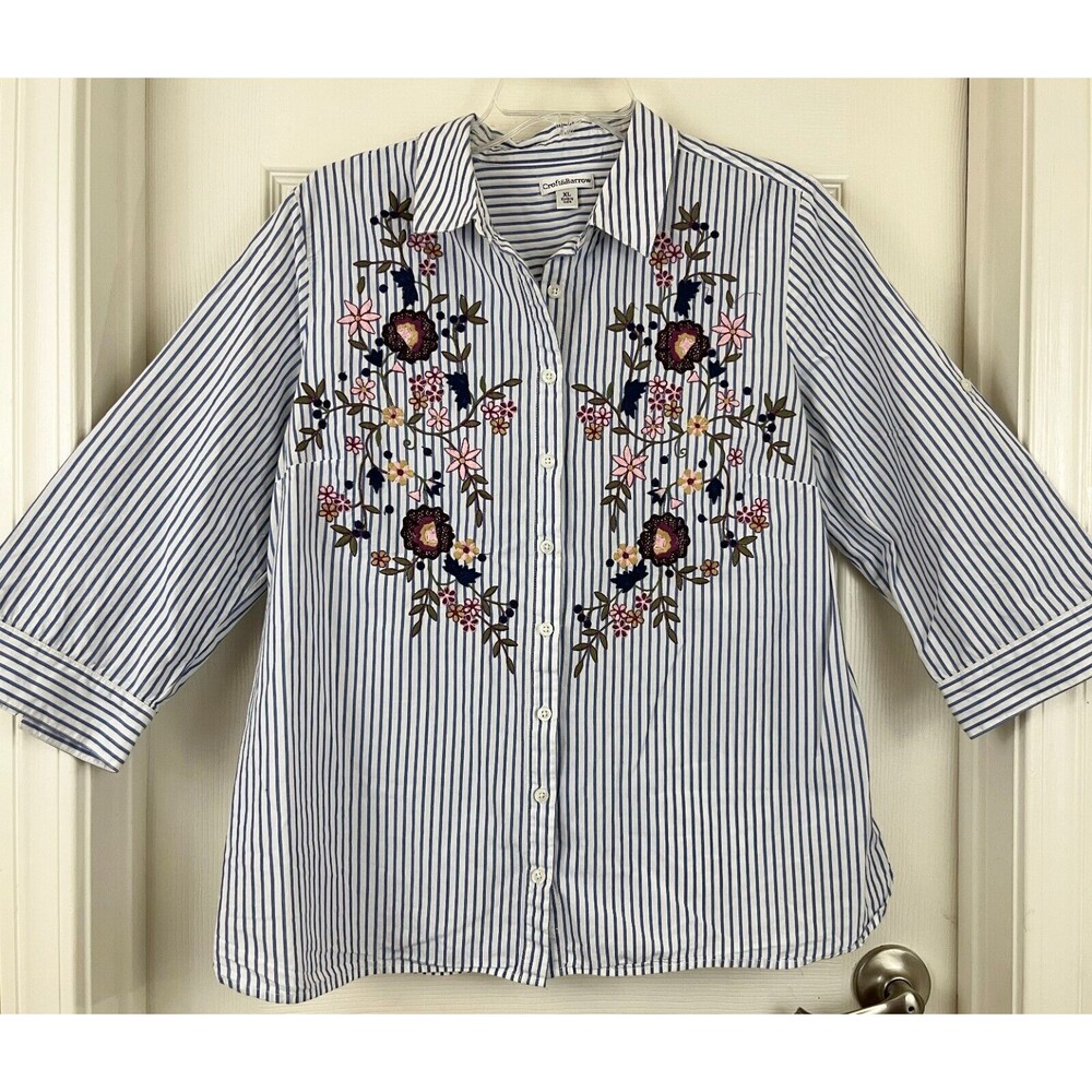 CROFT & BARROW - Blue Stripe Floral Embroidered 3/4 Sleeve 100% Cotton Blouse XL